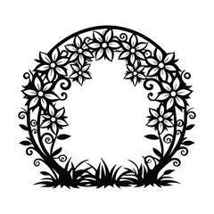 Floral Archway Silhouette Ornamental Flowers, Leaves, and Grass Black and White Design