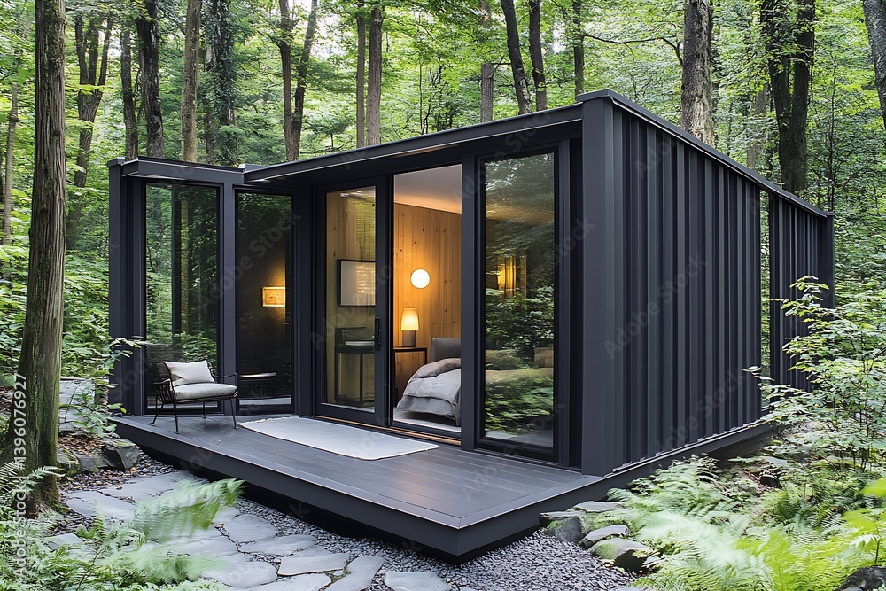 Aufkleber sleek contemporary home nestled in the woods with intimate spaces and modern aesthetics : generative