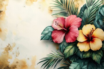 Naklejka premium Vibrant hibiscus flowers and palm leaves on textured light background