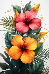 Vibrant hibiscus flowers surrounded by tropical leaves in vivid artistic design