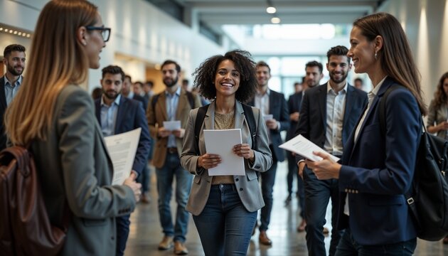 Job fair, Recruiters at a job fair, Group of recruiters interacting with job seekers at a bustling job fair