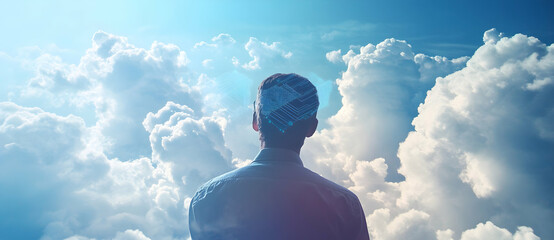Man with circuit head looking at the clouds above