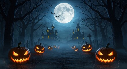 Halloween night scene with pumpkins and a full moon casting an eerie glow over a spooky forest path