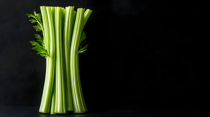 Fresh Green Celery Stalks On Black Background