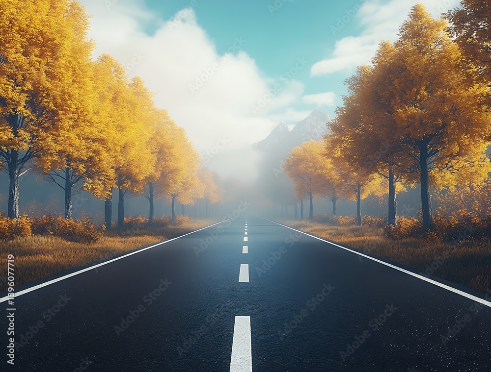 Poster idyllic view of a serene autumn road with lush trees and majestic mountains ahead : generative ai