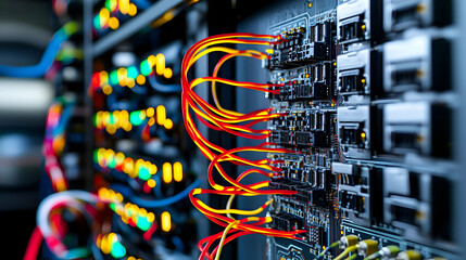 Close Up Of Colorful Network Cables And Server Components