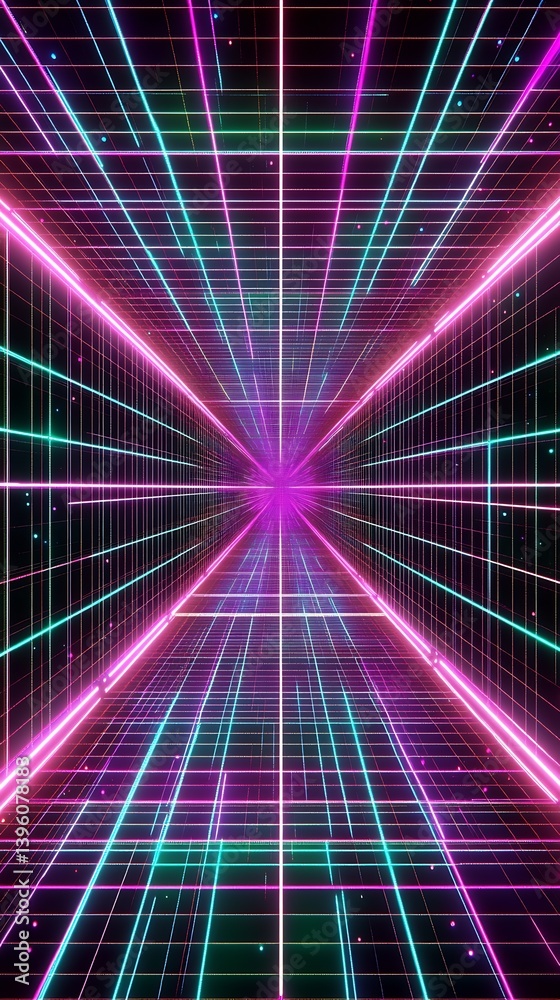 Leinwandbilder vibrant neon grid tunnel with a stunning visual effect of perspective and depth : generative ai