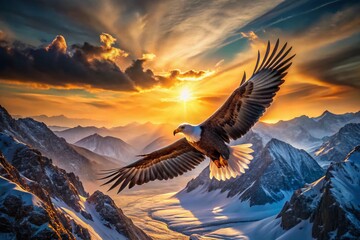 Fototapeta premium Majestic Eagle Soaring Above Mountain Peaks - 4K Hyperrealistic Wildlife Photography