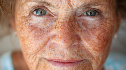Close-up portrait of an elderly woman with striking blue eyes and beautifully aged skin, conveying wisdom and character.