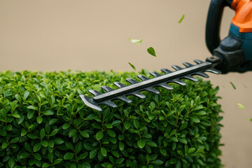 Obraz premium Electric Hedge Trimmer Cutting Green Shrub, Precision Gardening