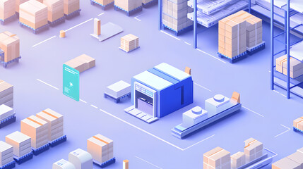 Fototapeta premium A vibrant digital illustration of a modern warehouse with shelves, pallets, and a loading dock, showcasing an organized logistics environment.