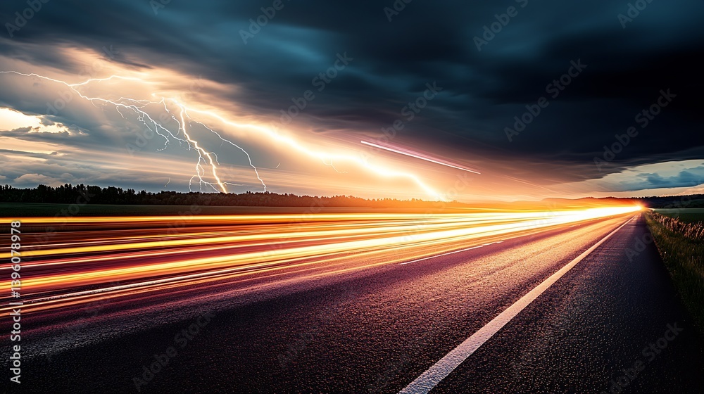 Aufkleber Dramatic Lightning Strikes Over a Highway with Long Exposure Light Trails at Dusk : Generative AI