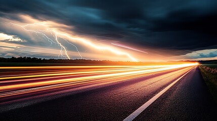 Obraz premium Dramatic Lightning Strikes Over a Highway with Long Exposure Light Trails at Dusk : Generative AI