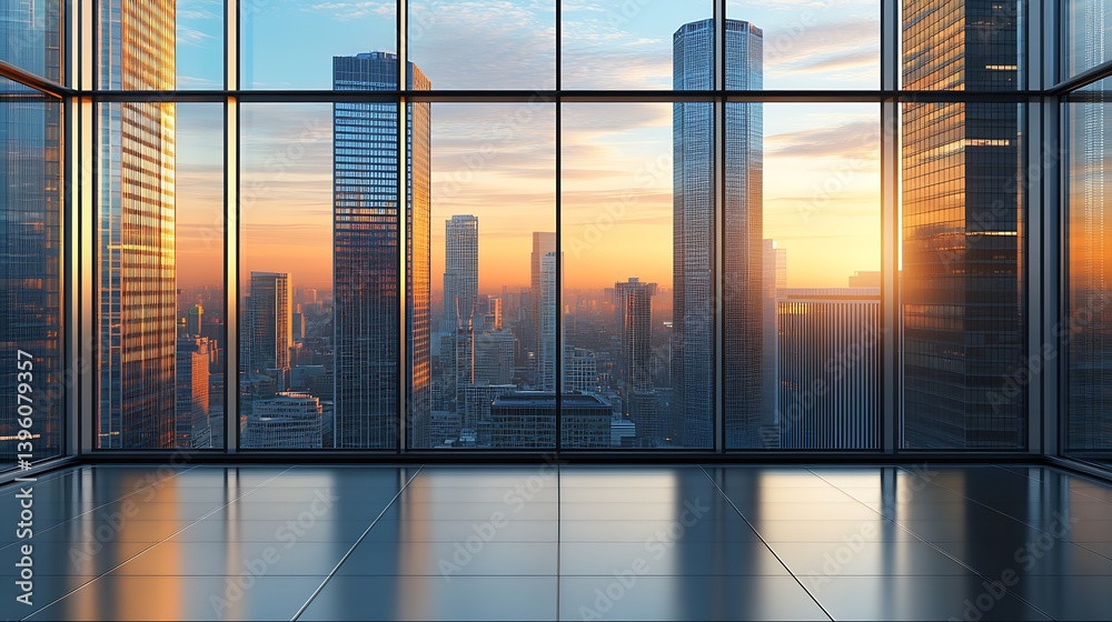 Aufkleber stunning cityscape view from a modern office with floor to ceiling windows at sunset : generative ai
