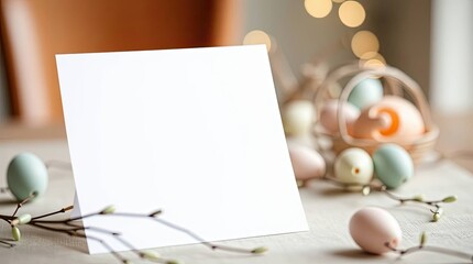 Empty paper sheet mockup. Easter-themed spring composition on the table. Copy space for message.