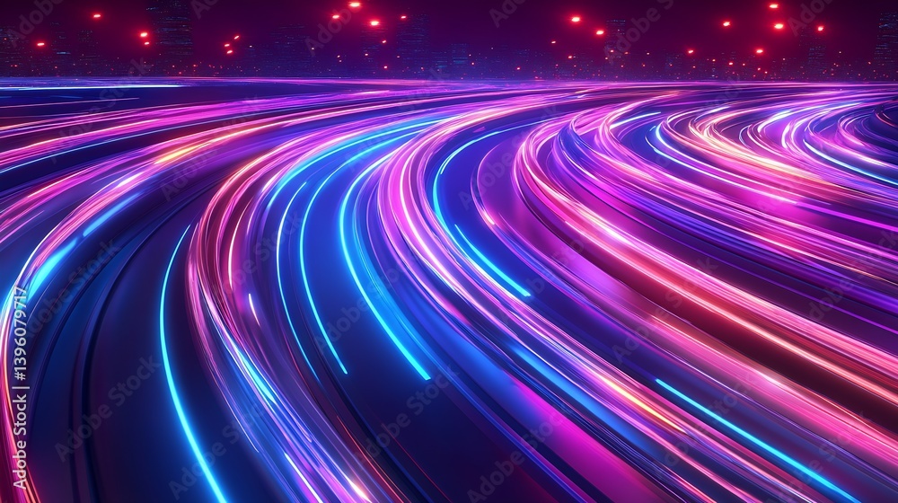Poster a vibrant and dynamic portrayal of light trails on a futuristic city road showcasing the essence of 