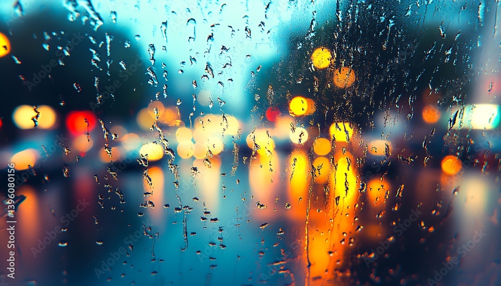 Poster colorful bokeh and raindrops creating a whimsical urban night scene : generative ai