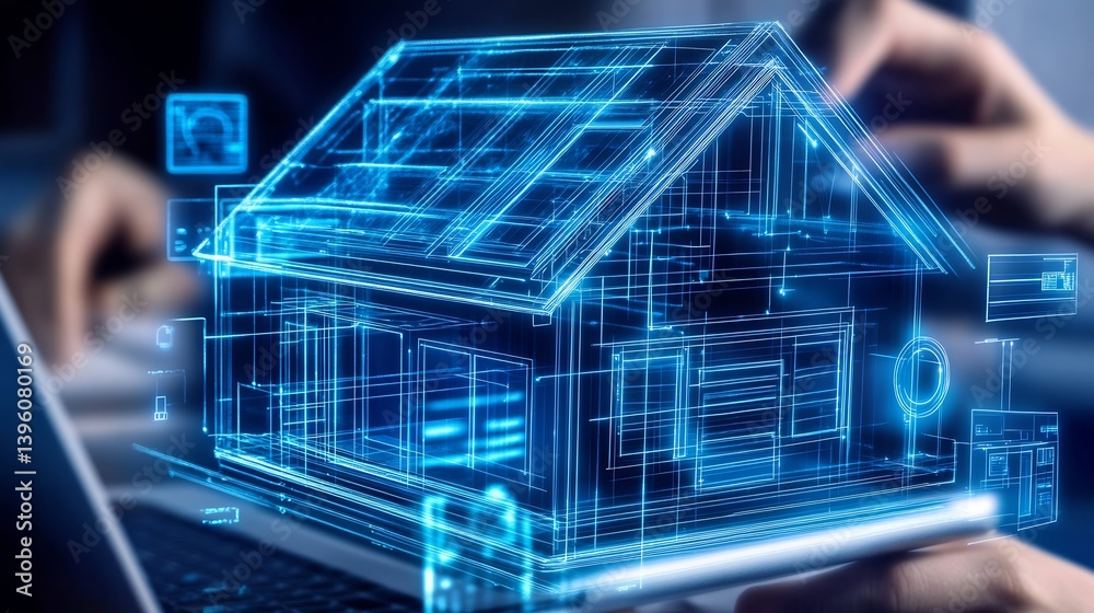 Aufkleber High-tech architectural design displayed digitally with a virtual house model on a laptop screen showcasing innovation : Generative AI