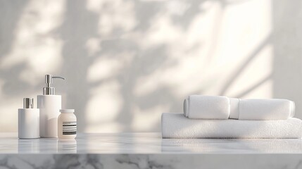 A minimalist bathroom scene features a white marble tabletop with toiletries.  The background is blurred, leaving ample copy space. 3D rendered image.
 