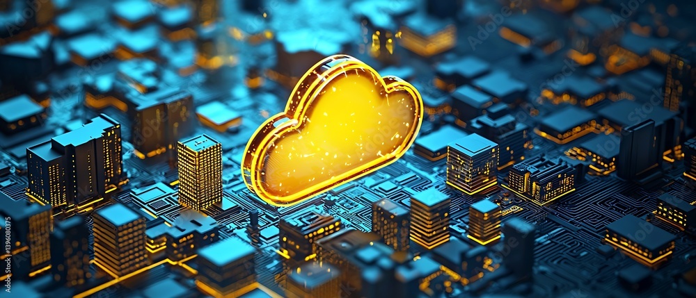Poster eye-catching futuristic cityscape with a vibrant glowing cloud symbol emphasizing the importance of 