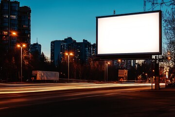 Obraz premium Illuminated Blank Billboard in a Cityscape at Twilight with Light Trails from Moving Traffic : Generative AI