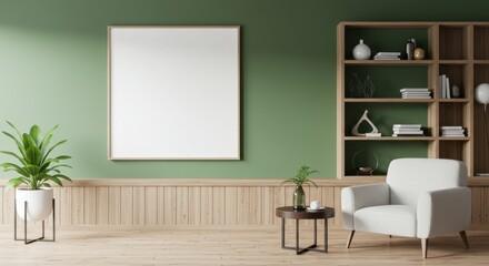 A minimalist living room with a blank canvas on a green wall and a white chair and bookshelf area