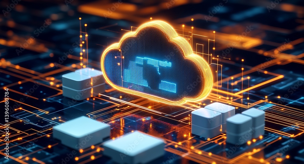 Poster Advanced cloud computing graphic illustrating data transfer on modern circuit board with bright glowing lines : Generative AI