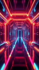 Fototapeta premium Futuristic Neon Corridor with Bursting Colors and Enhanced Reflections for Immersive Experience : Generative AI