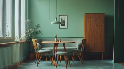 A serene dining area featuring a round wooden table and stylish chairs in a calming green room.
