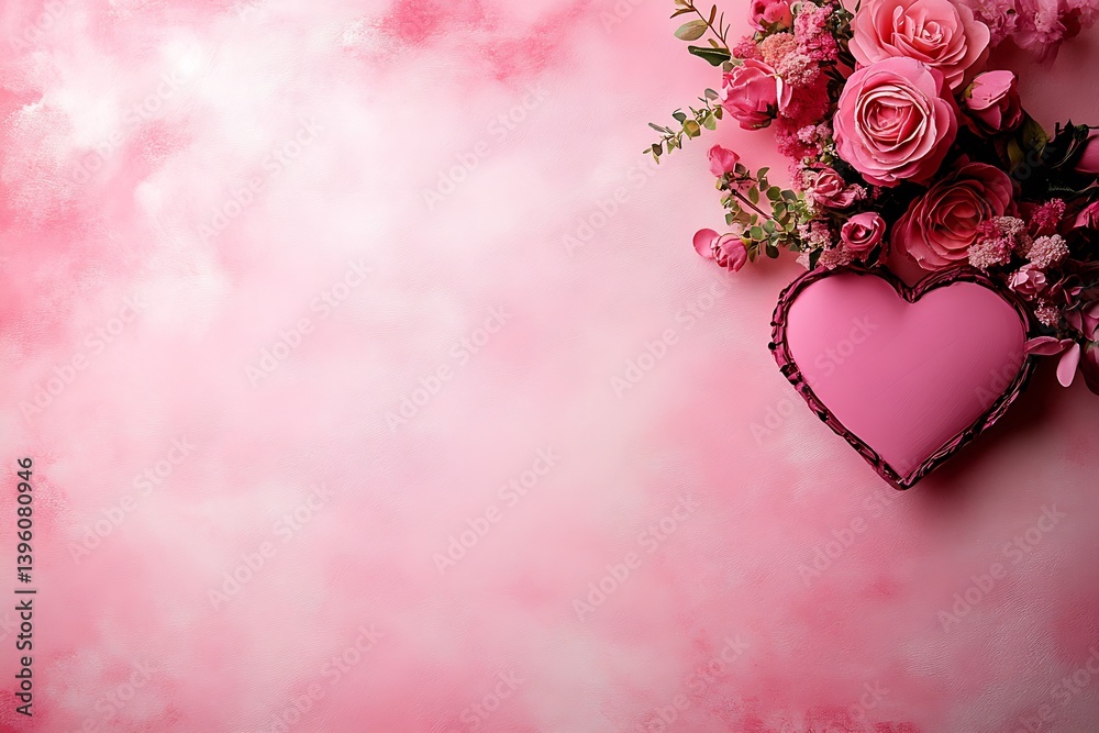 Aufkleber charming heart-shaped cushion with vibrant roses on a soft pink background : generative ai