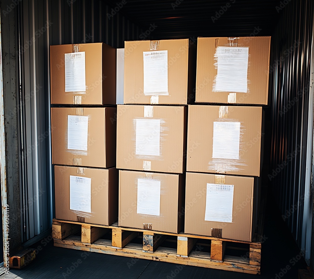Aufkleber Stacked cardboard boxes neatly arranged inside a shipping container highlighting organization and storage efficiency : Generative AI