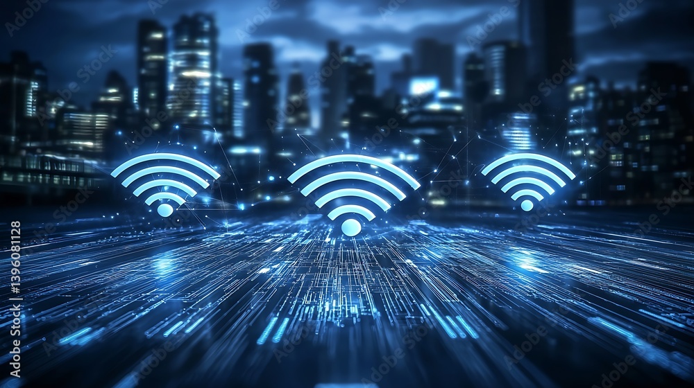 Aufkleber High Tech Wireless Connection Concept with Abstract WiFi Signals and City Skyline Background : Generative AI