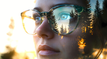 Woman wearing glasses reflecting forest sunset scenery