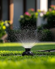 Close Up of a Garden Sprinkler Spraying Water in Sunlight Over Green Grass Lawn : Generative AI
