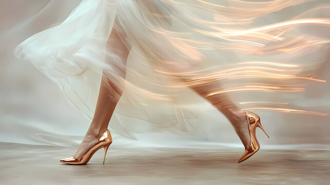 Woman wearing golden high heels and white dress walking fast