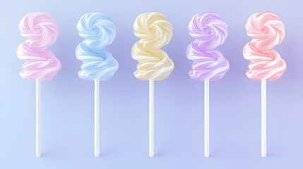 A vibrant display of five colorful swirl lollipops, offering a dreamy pastel palette on a soft gradient background.