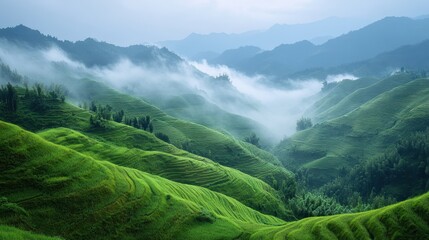 Fototapeta premium A peaceful mountain landscape with mist rolling over the hills, symbolizing resilience and overcoming struggles