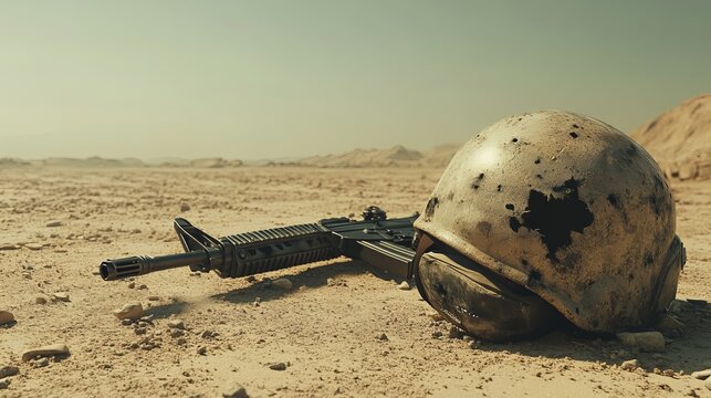 Rifle and helmet lying on the desert ground under a clear sky in a war zone environment setting