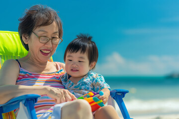 Elderly woman engaging with grandchild while sitting on beach lawn chair, enjoying a sunny day by the ocean. Showing warm smiles and creating lasting memories