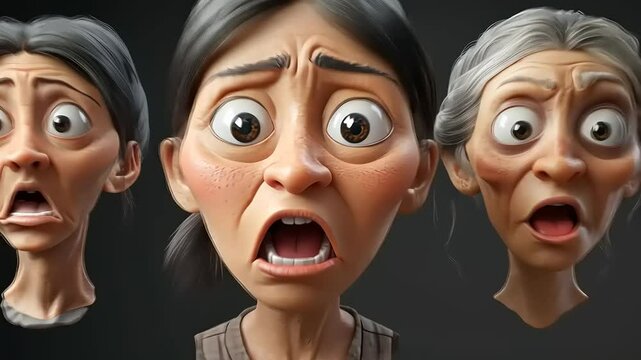 Three Female 3D Cartoon Faces Showing Surprise and Shock Expressions