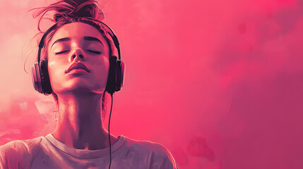 Fototapeta premium A young woman with long hair enjoys music, wearing headphones against a vibrant pink background.