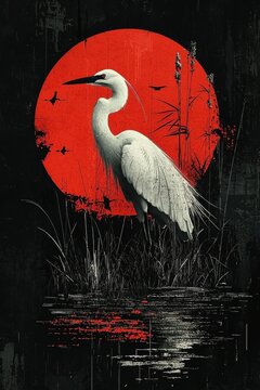 White heron in surreal red moonlit marshland illustration