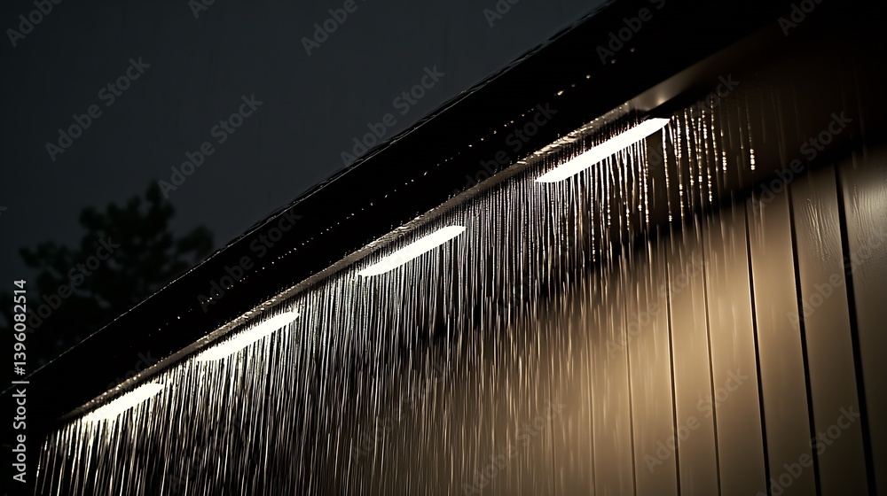 Aufkleber artistic representation of rain falling from a contemporary shelter enhanced by ambient light : gene