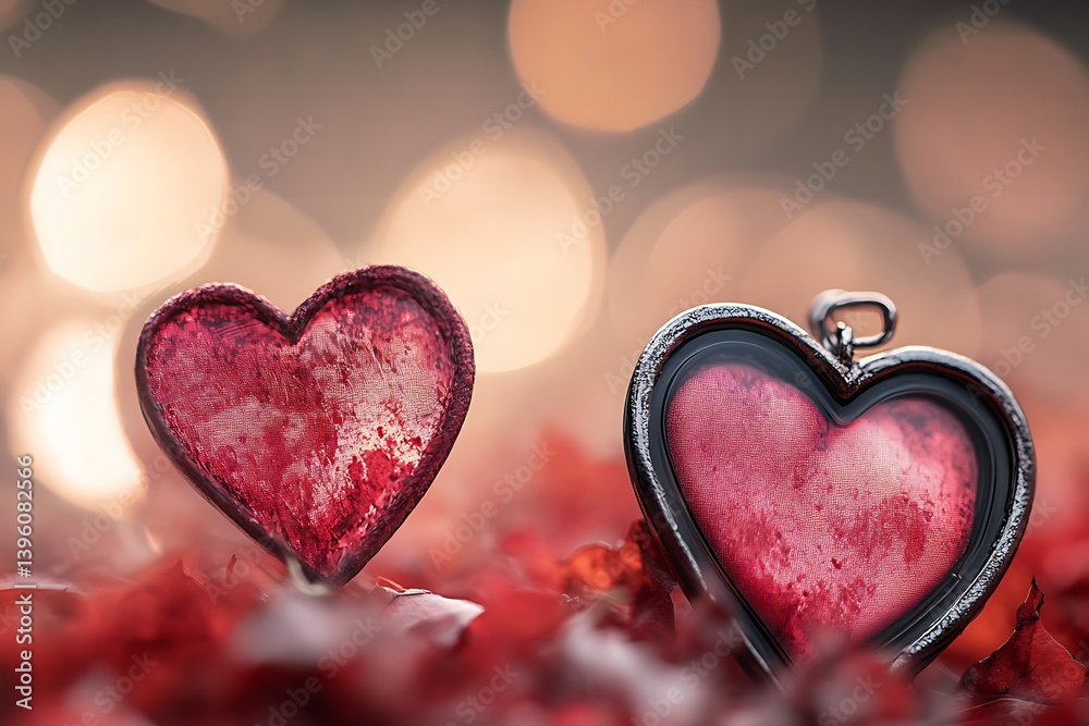 Poster Beautiful close up of red heart shapes on a blurred background of sparkling bokeh lights and fallen leaves : Generative AI