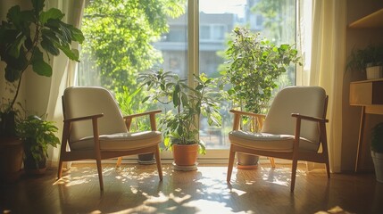 A therapy room with two chairs facing each other, bathed in natural light from a large window with green plants in the background