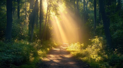 Obraz premium A tranquil nature path with soft morning sunlight breaking through the trees, symbolizing personal growth and healing