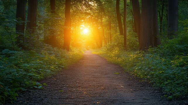 A tranquil nature path with soft morning sunlight breaking through the trees, symbolizing personal growth and healing