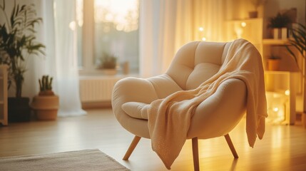 An empty therapy chair with a warm throw blanket, inviting and comfortable, in a softly lit counseling room