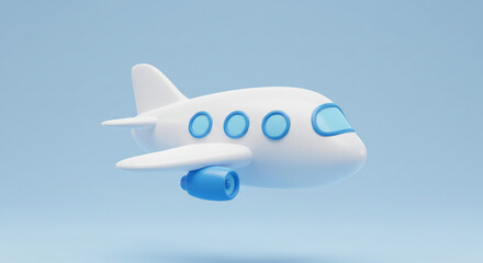 Fototapeta premium A charming cartoon airplane soaring through a pastel blue sky, ready for adventure, with simple 3D rendering.