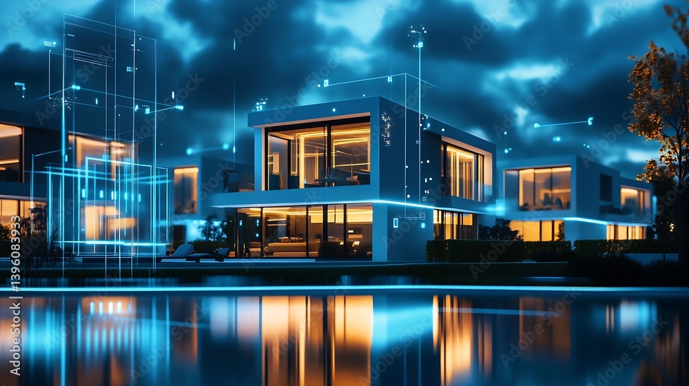 Poster stylish modern residence by the water showcasing vibrant lighting and intelligent design features : 